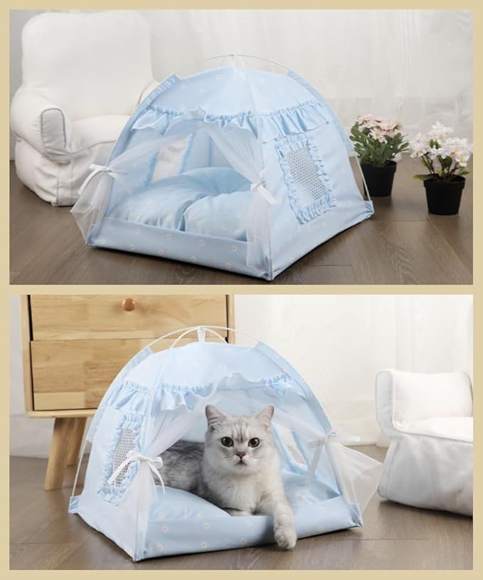 Selena Cat Bed Tents Dog House Indoor Outdoor Lace Mesh Breathable Windows Door Curtains Removable Portable Nest Teepe House (Medium,Blue)
