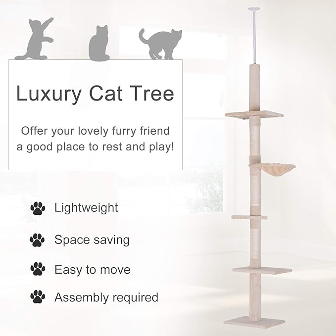 Road Cat Tree, Floor to Ceiling Cat Tower with Adjustable Height(90.5-102.25 Inches), 5 Level Cat Climbing Tower with Cozy Hammock, Platforms for Indoor Cats (Beige)