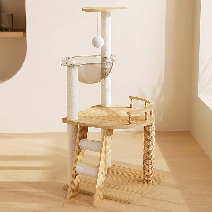 41.3” Wood Cat Tower with Sisal Scratching Post, Modern Cat Tree with Acrylic Bowl, Climbing Ladder & Hanging Ball Toy, Multi-Level Cat Activity Center (41.3 inch)