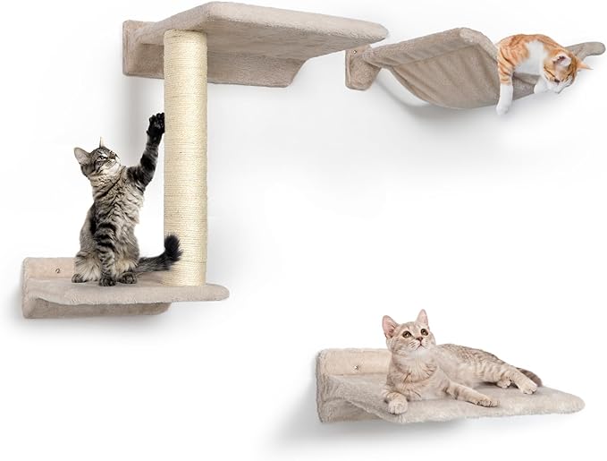Cat Wall Shelves - 5 Pcs Wall-Mounted Cat Shelves for Wall, Including 2 Steps, 1 Perches, 1 Hammock, 1 Sisal Scratcher Post, DIY Playground for Large Cats