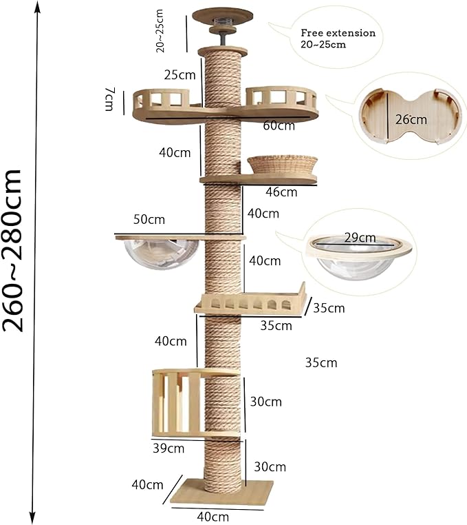 Mekidulu Floor to Ceiling cat Tree - Cat Tree Floor to Ceiling，Adjustable Height,Tall cat Tree with Width 4.33 in Scratching Post,Cat Hammock,Fully Wrapped with sisal Rope(240～250cm, 265-275cm T03)