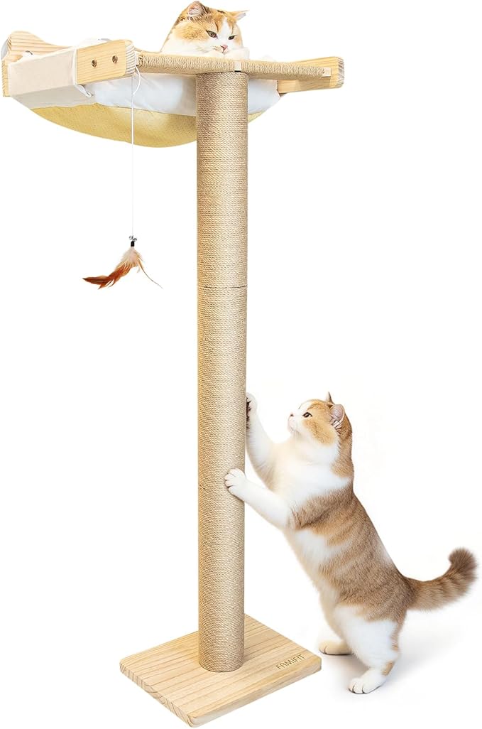 Cat Window Perch with Scratching Post, 46" Adjustable Tall Scratching Posts & Suction Cup – White Fluffy Cusion, Multi-Level Perch for Climbing, Bird Watching, Play, Supports 45 lbs (Drilling-Free)