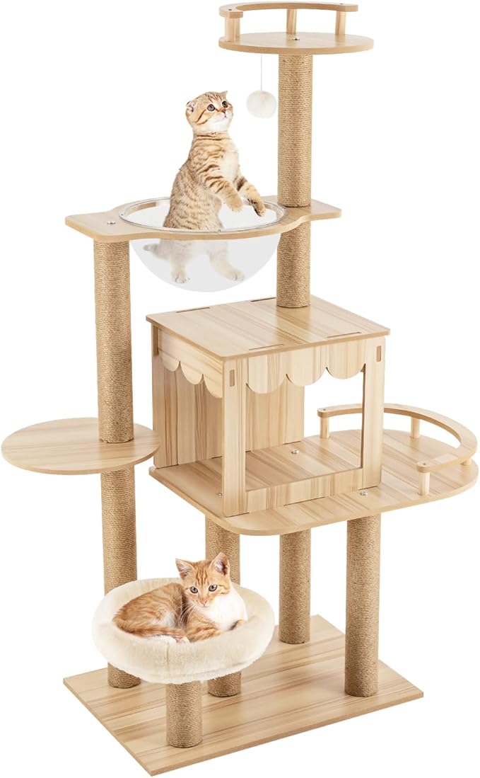 Modern Cat Tree Tower with Multiple Platforms, Cat House, Hemp Rope Scratching Post and Transparent Bed - Rustic Brown and White Design for Indoor Cats