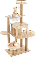 Modern Cat Tree Tower with Multiple Platforms, Cat House, Hemp Rope Scratching Post and Transparent Bed - Rustic Brown and White Design for Indoor Cats