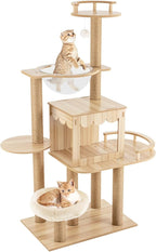 Modern Cat Tree Tower with Multiple Platforms, Cat House, Hemp Rope Scratching Post and Transparent Bed - Rustic Brown and White Design for Indoor Cats