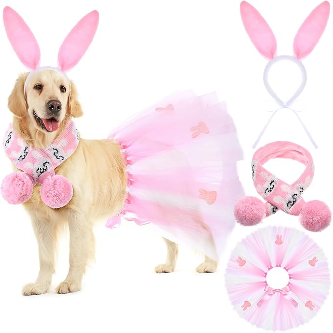 3 Pieces Easter Dog Costume Set Including Easter Rabbit Ears Headband Easter Dog Tutu Dress Cute Pet Tutu Pink Easter Pet Scarf for Medium Dogs Holiday Outfit Accessory