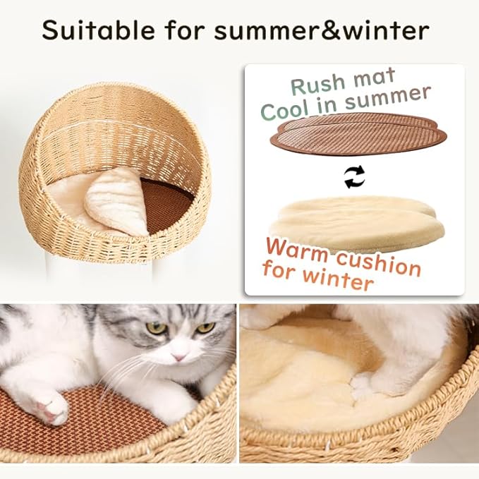 Modern Cat Tree for Large Cat, 60-Inch Tall Cat Tower with Scratching Post for Indoor Cats, Multi-Level Cat Condo with Hand-Woven Cat Bed and Acrylic Bowl