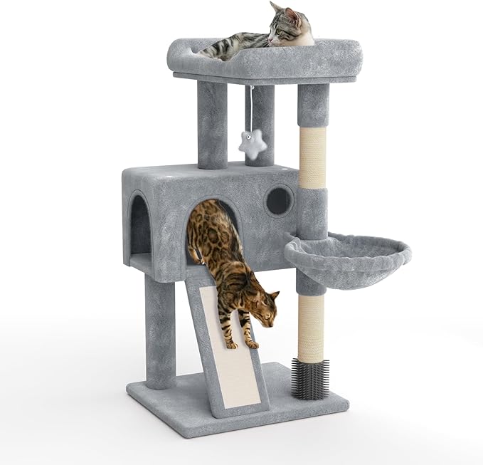 Magshion 36" Tower for Indoor Pets, Compact Multi-Level Condo with Scratching Posts, Top Perch, Side Basket & Dangling Ball, Climbing Furniture for Kittens & Seniors, Light Grey