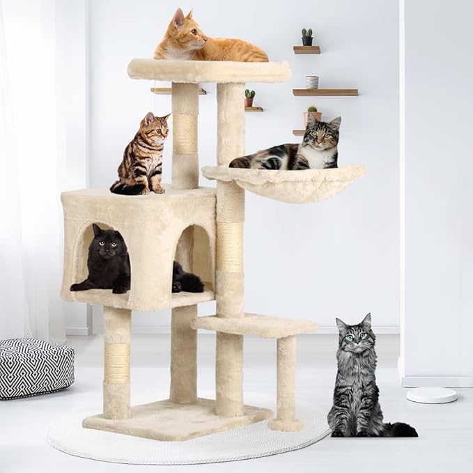 BLKMTY 36" Cat Tree, Cat Tower Indoor Cats Condo Climber w/Scratching Post Cats Climbing Stand w/Plush Top Perch Playhouse Kitty Activity Trees w/Hammock, Beige