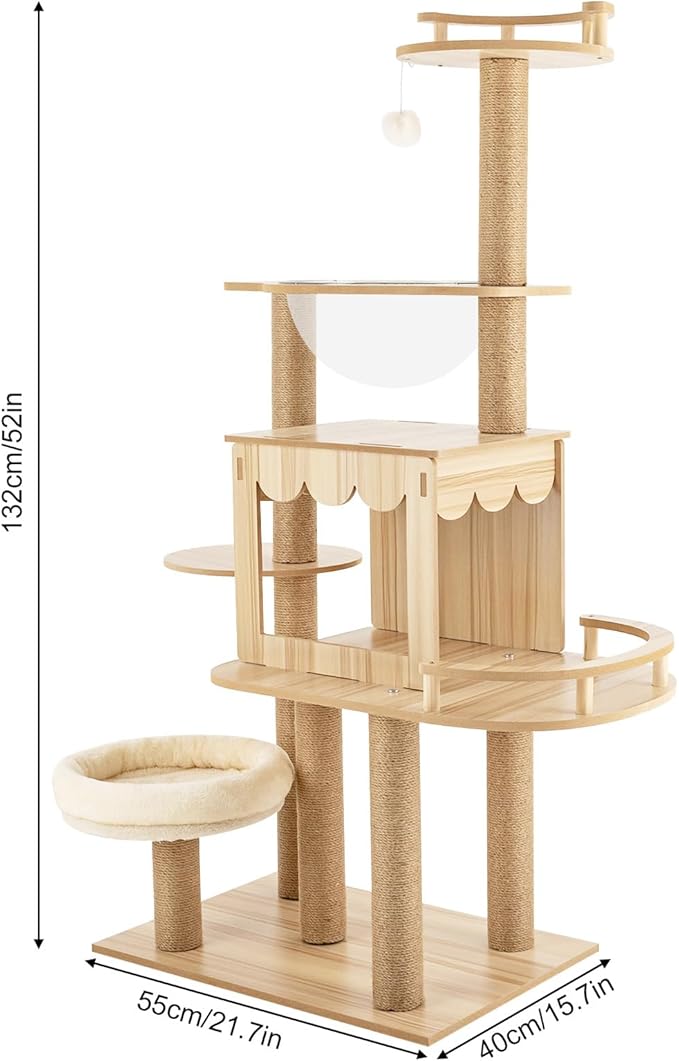 Modern Cat Tree Tower with Multiple Platforms, Cat House, Hemp Rope Scratching Post and Transparent Bed - Rustic Brown and White Design for Indoor Cats