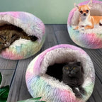 Cat Bed Round Fluffy Hooded Cat Bed Cave, Anti-Anxiety Cave Bed with Hooded Blanket, Cozy Cuddler Luxury Puppy Pet Bed, Anti-Slip Bottom and Machine Washable (Rainbow, Medium)