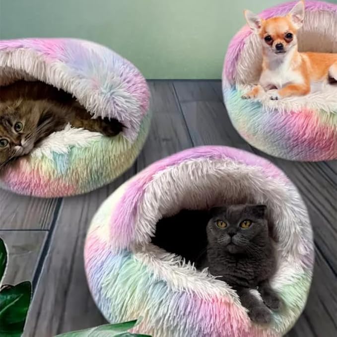 Cat Bed Round Fluffy Hooded Cat Bed Cave, Anti-Anxiety Cave Bed with Hooded Blanket, Cozy Cuddler Luxury Puppy Pet Bed, Anti-Slip Bottom and Machine Washable (Rainbow, Medium)