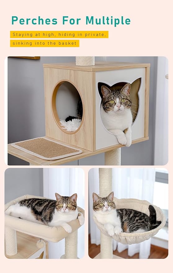 PETEPELA 56.7" Cat Tree with Litter Box Enclosure Large, Wood Cat Tower for Indoor Cats with Storage Cabinet and Cozy Cat Condo, Sisal Covered Scratching Post and Repalcable Dangling Balls, Beige