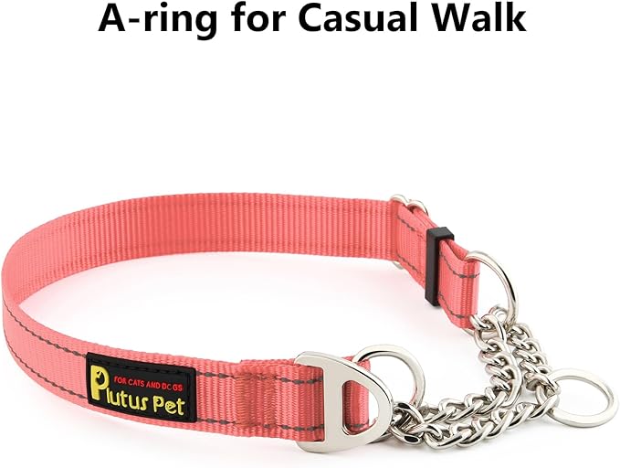 Plutus Pet Martingale Dog Collar with Stainless Steel Chain and Reflective Nylon, Adjustable No Pull Training Collar, for Small Medium, and Large Dogs, Pink, M