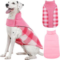 Kuoser Dog Winter Coat, Reversible Waterproof Dog Jacket with Reflective Strip, Warm Dogs Fleece Vest Adjustable Doggy Cold Weather Clothes Plaid Christmas Outfit Pet Apparel for Large Dogs, Pink XL