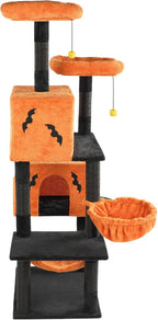 61" Halloween Cat Tree for Large Cats, Spooky Themed Cat Tower with 2 Condos, 2 Padded Perches, 2 Cozy Hammocks & Scratching Posts, Multi-Level Playhouse with Hanging Toy, Black & Orange