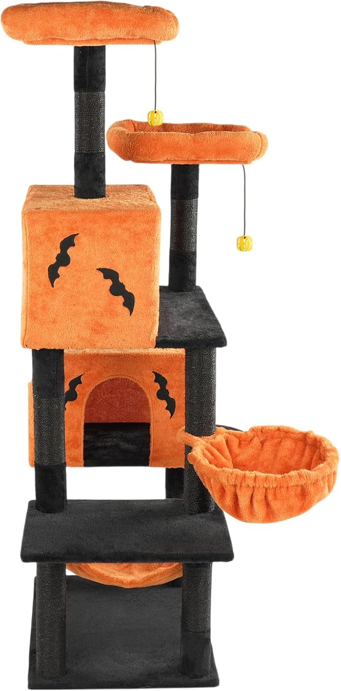 61" Halloween Cat Tree for Large Cats, Spooky Themed Cat Tower with 2 Condos, 2 Padded Perches, 2 Cozy Hammocks & Scratching Posts, Multi-Level Playhouse with Hanging Toy, Black & Orange