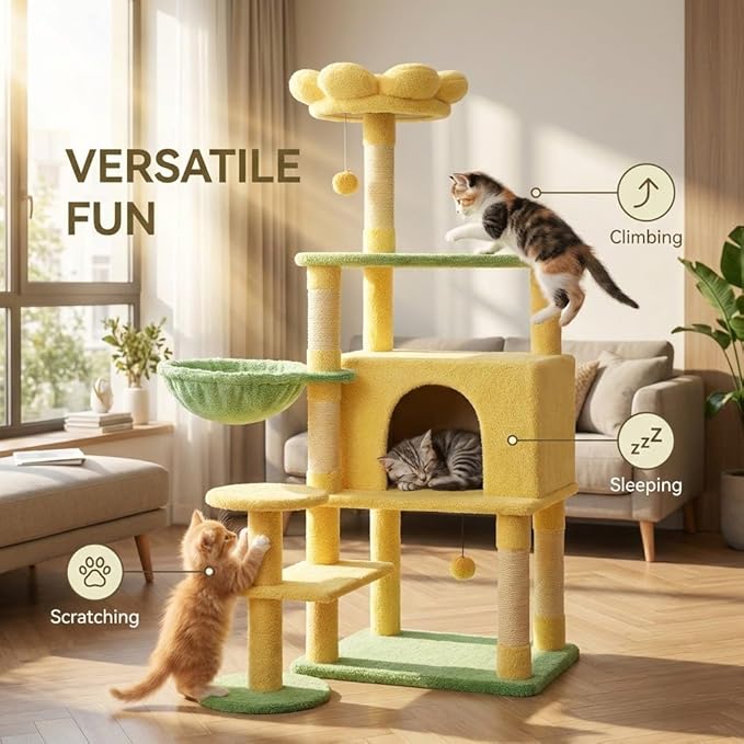 Flower Cat Tree with Large Condo, Removable Flower Cushion and Hammock, Multi-Level Cat Tower with Hanging Basket, Cat Cave, Scratching Posts,Cat Furniture for Indoor Cats, Perfect for Multiple Cats