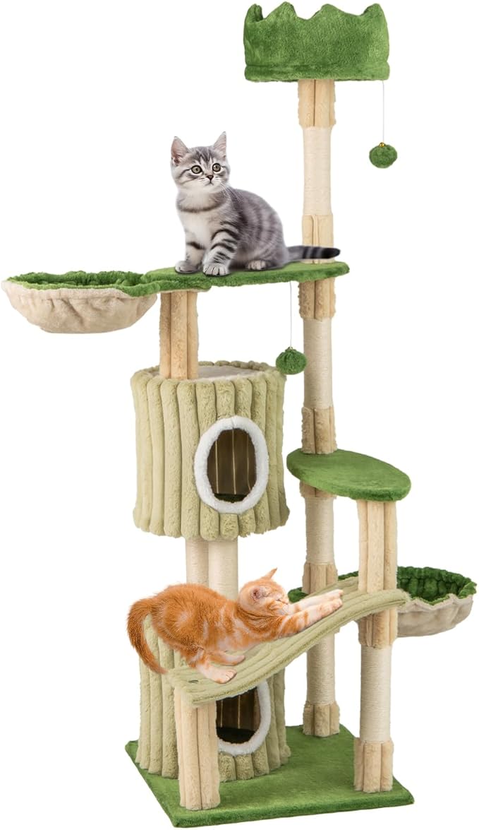 Tangkula 63 Inch Tall Cat Tree, Cute Green Cat Tower with 2 Condos, Plush Top Perch, 2 Basket Beds, Sisal Scratching Posts, 2 Dangling Balls, Slide Platform, Large Aesthetic Cat Tree for Indoor Cats