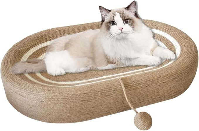Cat Scratching Post and Cat Mat - 24 Inch Durable Sisal Rope with Interactive Ball, 3-in-1 Scratcher Cardboard Bed for Indoor Kitten to Play, Round-Oval Rest and Scratch (Runway)