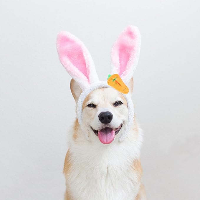 1PC Easter Day Costume - Dog Cat Easter Day Pet Head Ornament with Carrot Cute Bunny Ear Soft Cotton Pet Costume Accessory for Medium Large Dogs