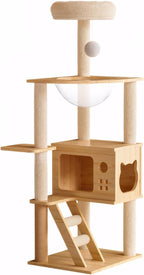 48.8" Modern Cat Tree Tower with Sisal Scratching Posts, Wood Cat Condo with Top Perch and Acrylic Hammock for Indoor Cats (Natural 1)