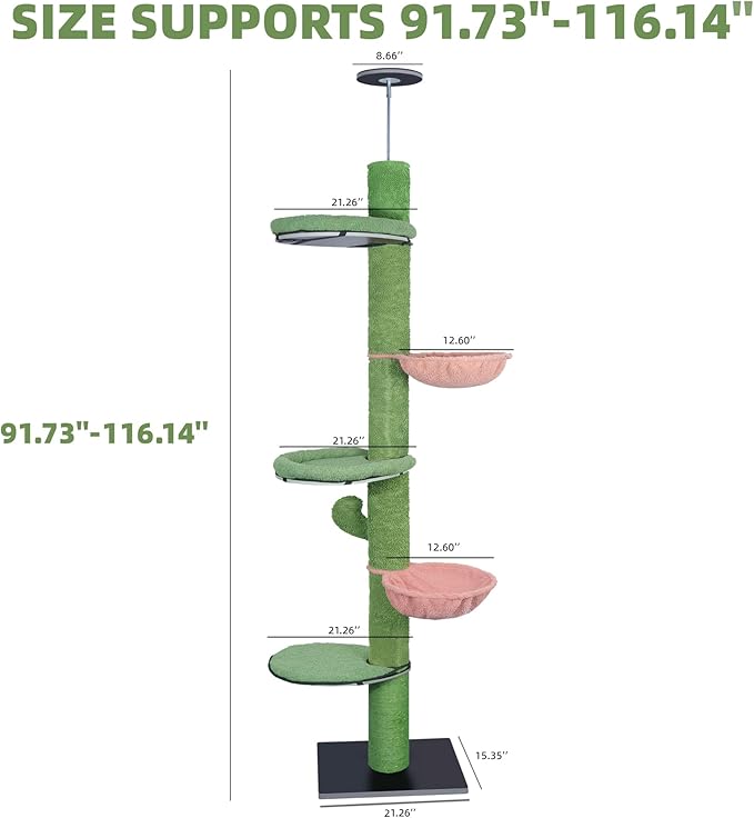 ROYPET Adjustable Tall Cat Climbing Tree Floor-to-Ceiling Climber Toy with Hanging Hammock and Scratching Posts Furniture,Green