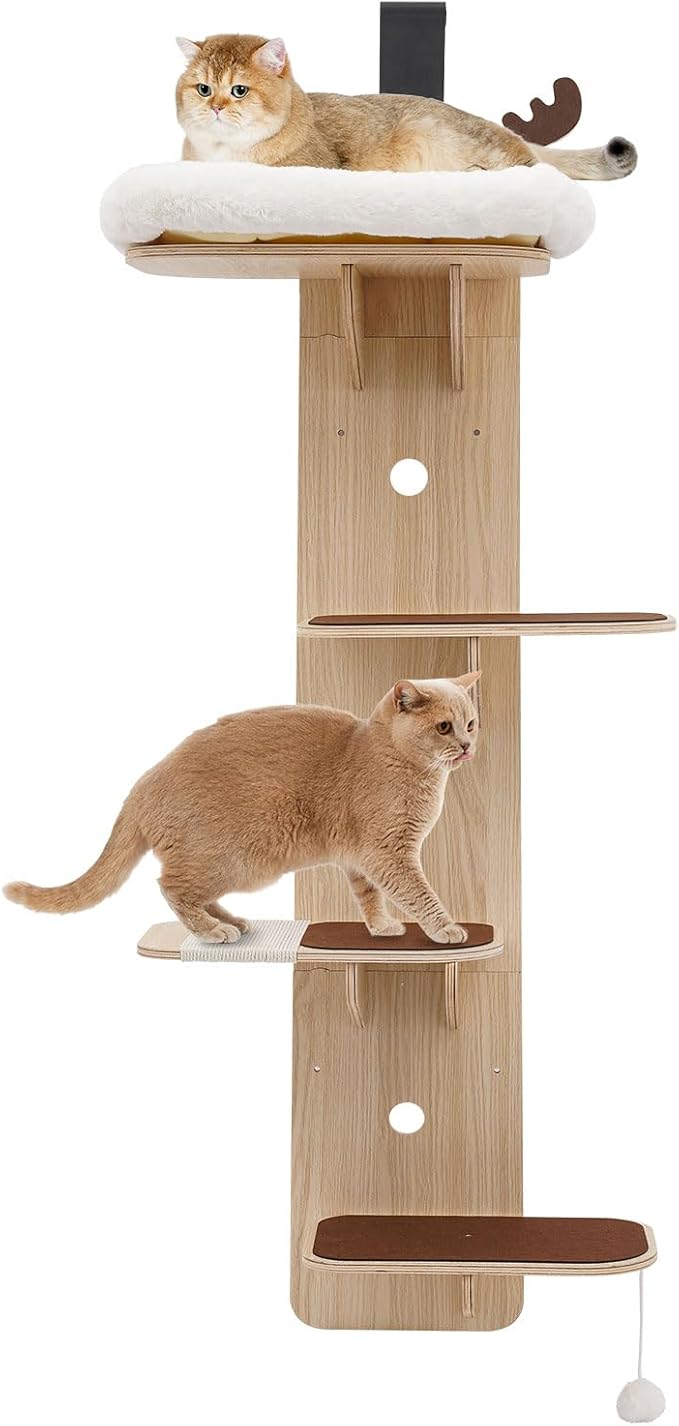 Door Hanging Cat Tree, 4 Tier Vertical Cats Climbing Frame, Door Mounted Cat Tree Tower with Plush Ball, Wooden Cats Climbing Rack for Stair, Foyer, Living Room, Bedroom, Pet Shop