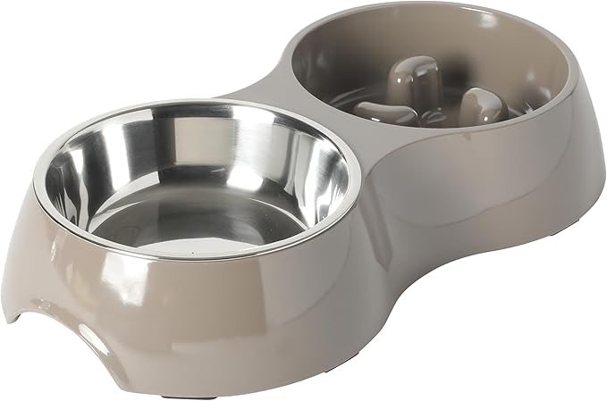 Gibson Home Curious Canines Slow Feeder Dog Bowl Set, Double Bowl with Stainless Steel Insert, Melamine Base, Anti-Gulp Feeding, Food & Water Station, Dishwasher Safe, Taupe