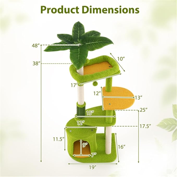 48" Cat Tree with Tropical Leaf Design – Self-Groomer, Scratching Posts & Space-Saving Tower