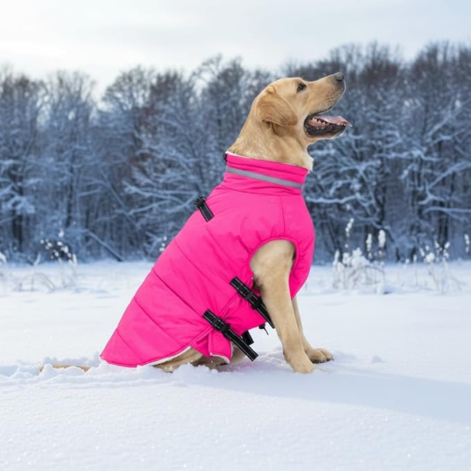 Mklhgty Large Dog Coat with Harness Built-in, Waterproof Reflective Fleece Lined - Warm Windproof Winter Jacket with Back Zipper, Cold Weather Snow Dog Coats - Pink - 3XL