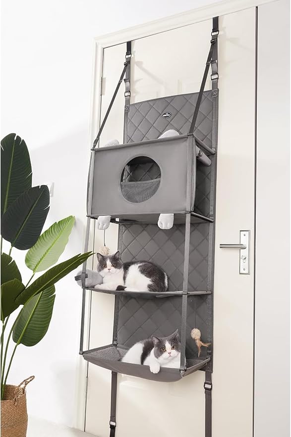 Hanging Cat Tree - Door Mounted Climber Cat Wall Cat Hammock for Indoor, Hanging/Elevated Bed - 4 Story with Removable Pillow, Roller Blind and Ball Toy