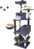 Tangkula 66 Inch Tall Cat Tree, Multi-Level Cat Tower with Sisal Scratching Posts, 2 Condos, Plush Perch, Hammock, Basket, Dangling Toys, Cat Climbing Furniture for Indoor Cats (Dark Gray)