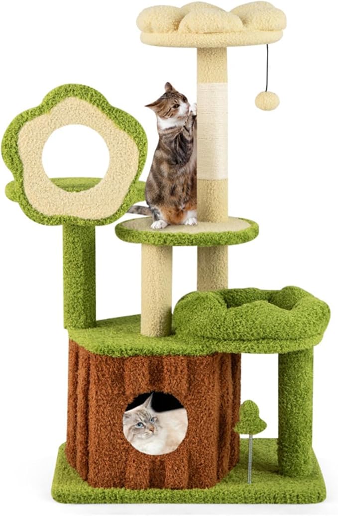 40" Jungle Theme Cat Tree - Washable Peach Skin Cover, Sisal Scratching Post & Interactive Toys