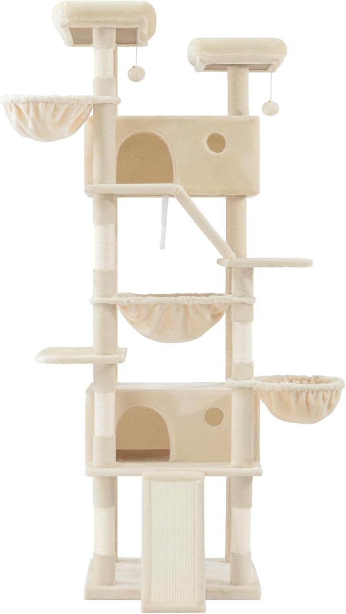 WEEWAY Cat Tree Tower for Indoor Cats,81'' Multi-Level Cat Furniture Activity Center,Stand House Condo Cave,Sisal Scratching Posts Ramps,Plush Perches Platforms Basket Hammock,Beige