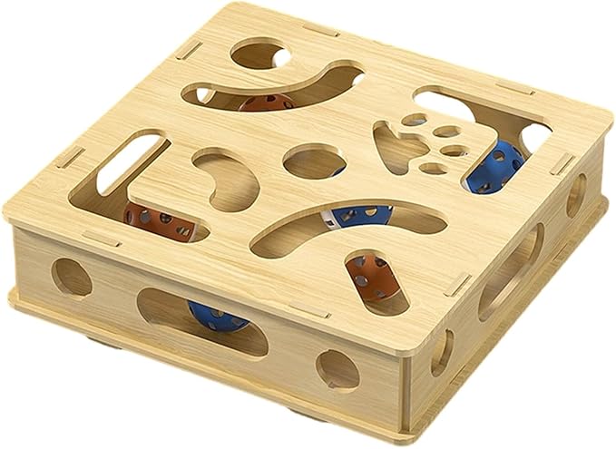 Cat Scratch Puzzle Enrichment Box, Nail File Stress Free Alternative to Clippers and Grinders, with 6 Bell Balls and Cats Funny Stick, Cat Nail File Enrichment Box for Cats (Beige)