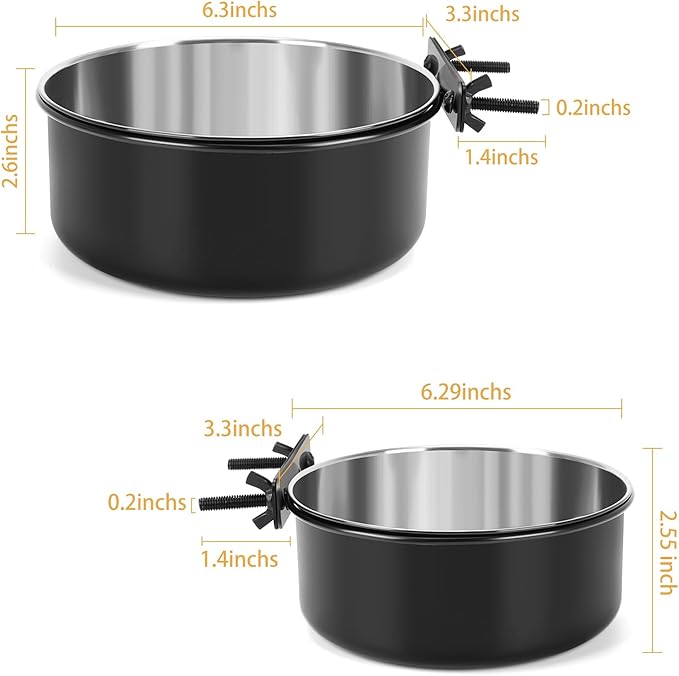 2 Pcs Black Large Pet Dog Food Water Bowl for Cage Stainless Steel Non-Spill Kennel Hanging Cats Bowls with Clamp Holder Crate Feeder Dish for Medium Large Dogs Huge Pets (7.1x2.5'' & 6.3x2.4'')