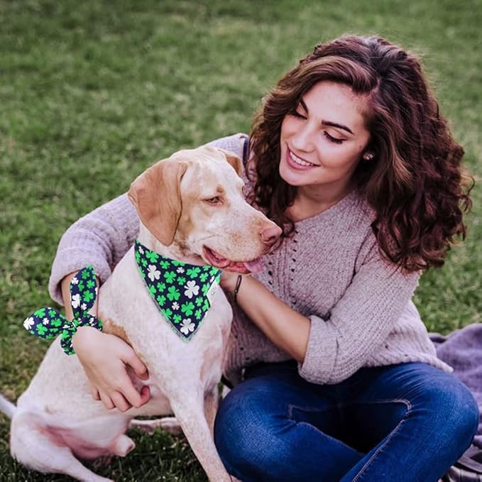 E-Clover St Patrick Dog Bandana Boy & Matching Scrunchie Set Shamrock Lucky Dog Bandanas Scarf with Bow Hair Ties for Small Puppy Dogs Pet Owner Mom Green Spring