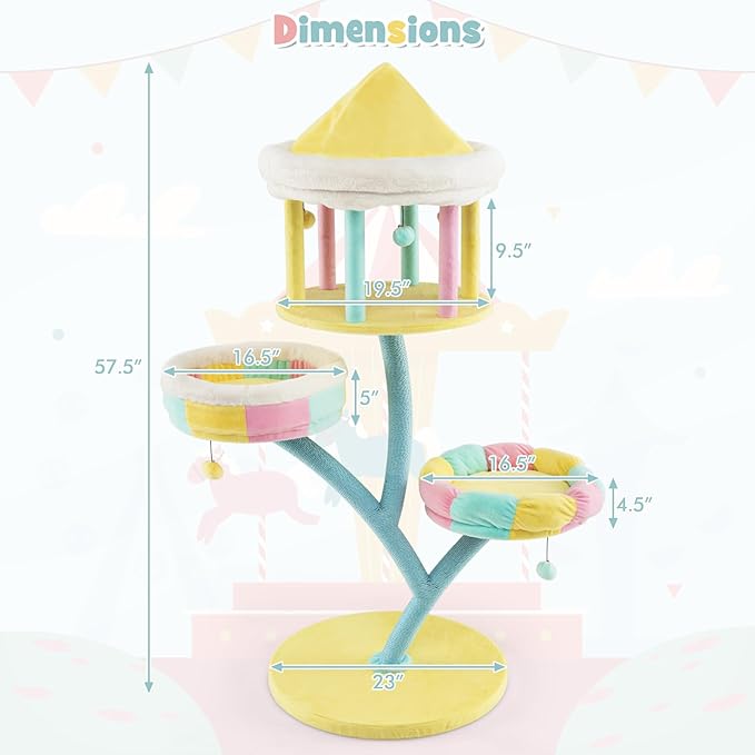 PETSITE 57.5 inch Tall Cute Cat Tree Tower, Cat Tower with Paper Rope Scratching Posts, Top Open-plan Condo, 2 Side Removable Perches, and Dangling Balls, Amusement Park Style Cat Tree for Indoor Cats