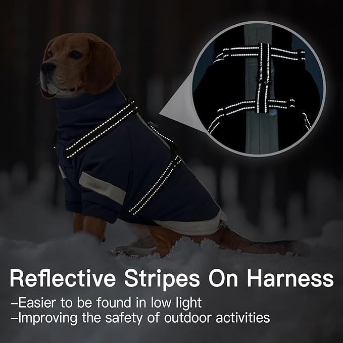 XX-Large Dog Winter Coat with Harness 2 in 1-for Walk The Dogs | Thick and Warm Lining for Cold Winter,Turtleneck Windproof Snowsuit with Sleeves,Night Reflective Harness(Navy-Blue)