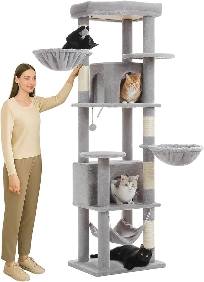 71.2" Tall Cat Tree for Indoor Cats Adult, 9-Levels Large Cat Tower with 5 Sisal Posts, 3 Hammocks, 2 Codons, Big Perch & 3 Pom Poms for Multi Cats Household– Plush Gray