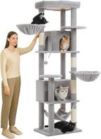 71.2" Tall Cat Tree for Indoor Cats Adult, 9-Levels Large Cat Tower with 5 Sisal Posts, 3 Hammocks, 2 Codons, Big Perch & 3 Pom Poms for Multi Cats Household– Plush Gray