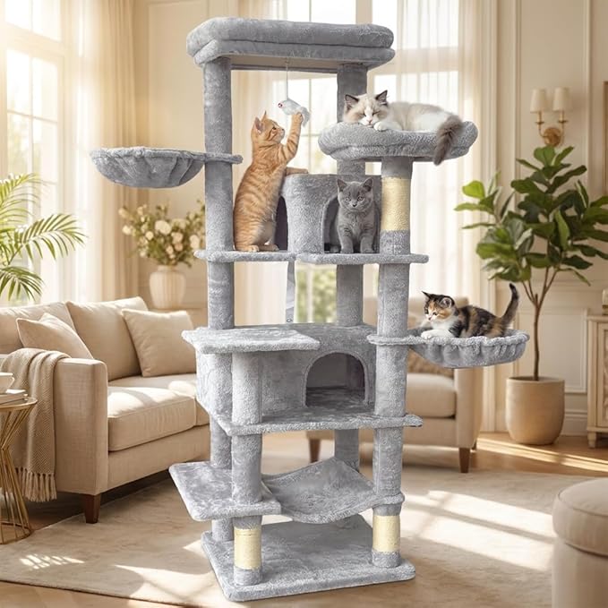 Multi-Level Large Cat Tree, 68-Inch Cat Tower for Indoor Cats, Plush Multi-Color Cat Condo with 4 Scratching Posts, 2 Perches, 2 Caves, Hammock, Pompom，Extra Large Top Perch (Gray)
