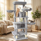 Multi-Level Large Cat Tree, 68-Inch Cat Tower for Indoor Cats, Plush Multi-Color Cat Condo with 4 Scratching Posts, 2 Perches, 2 Caves, Hammock, Pompom，Extra Large Top Perch (Gray)
