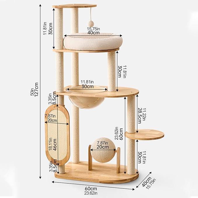 Solid Rubber Wood Cat Tree Tower with Scratching Posts Cat Scratching Ball and Board Washable Easy Clean for Large & Multi-Cat Homes