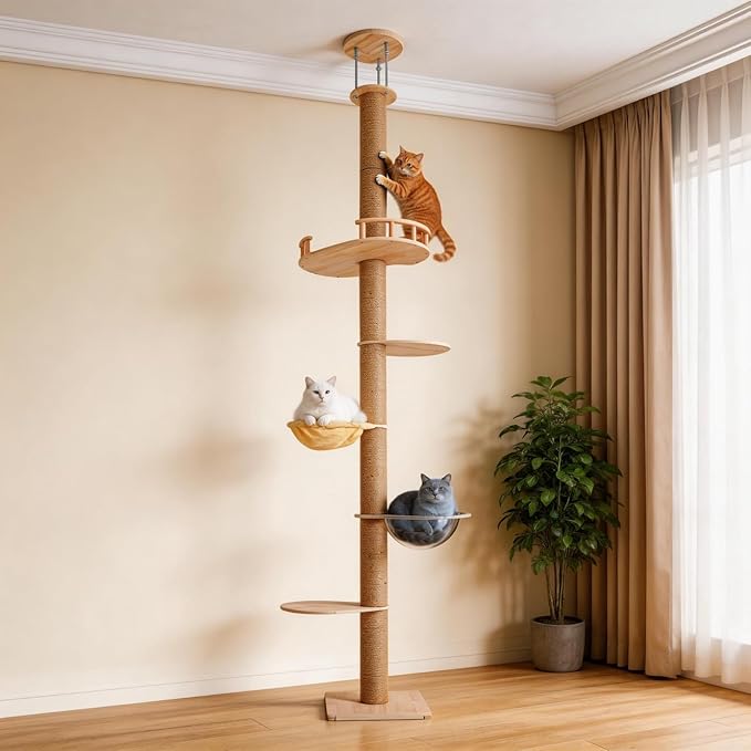 Floor-to-Ceiling Cat Tree Height Adjustable (50-120in) | 5-Level Heavy Duty Cat Activity Center with Scratching Posts, Jump Platforms, Hammock | Space-Saving Tall Cat Tower for Indoor Cats