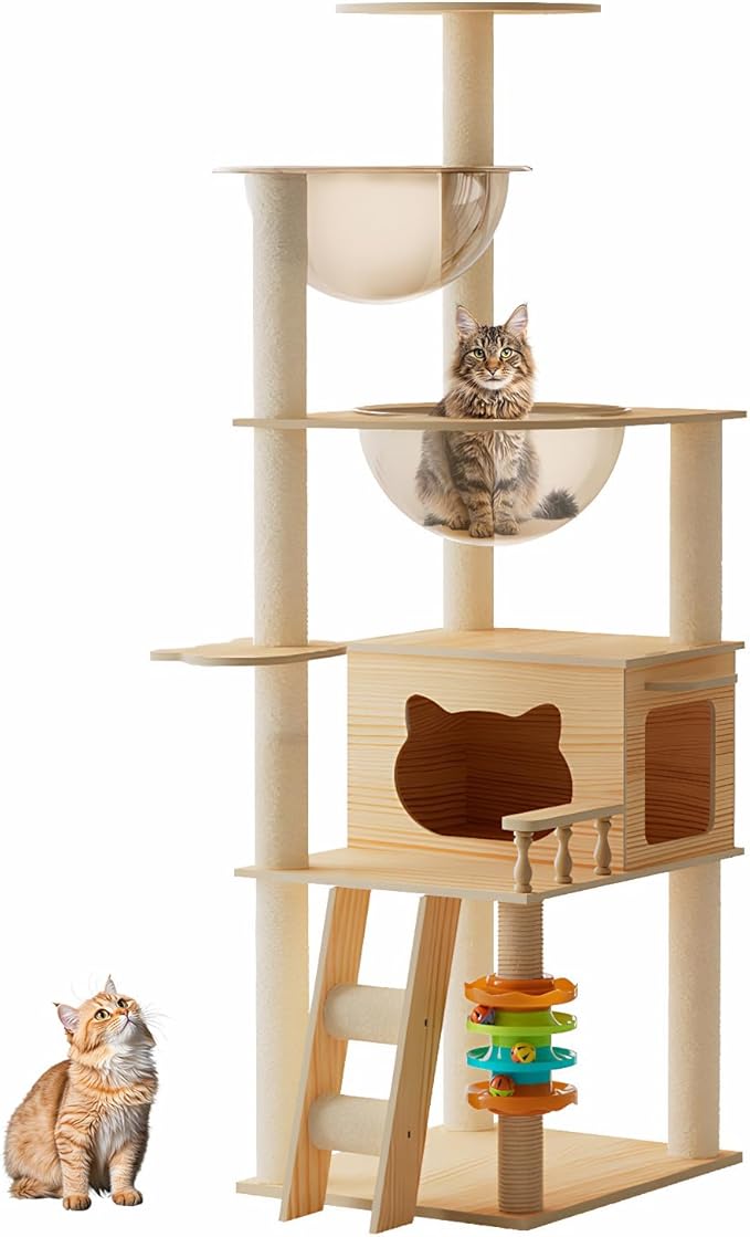 Modern Wood Cat Tower for Indoor Cats, Cat Tree with Sisal Scratching Posts, Top Perch, and Acrylic Hammock, Condo for Small and Large Cats (59")