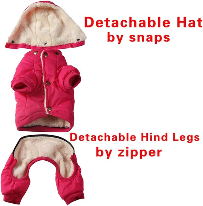Fleece Lined Dog Coat with Detachable Hood and Detachable Hind Legs,Warm Puppy Jacket in Winter(Pink M)