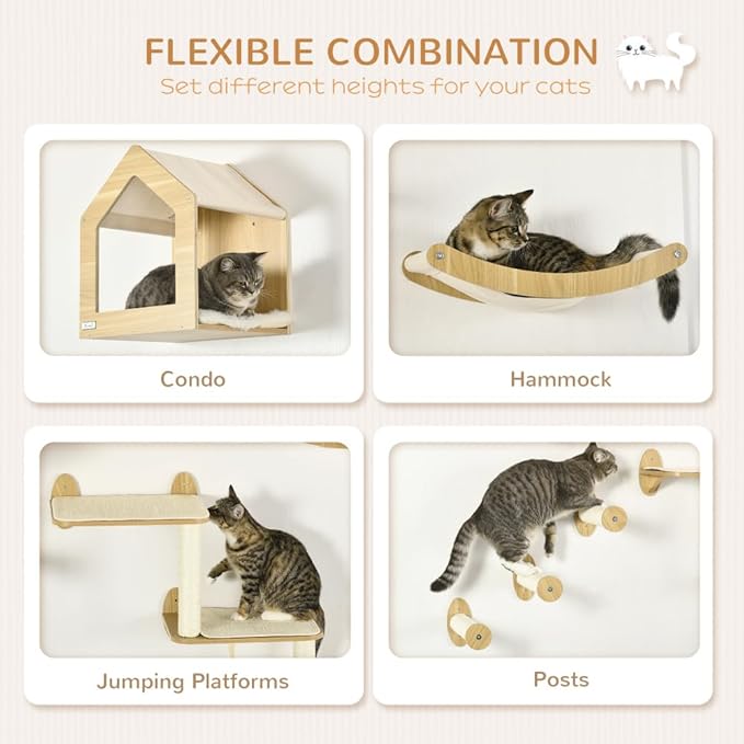 Sturdy Wall-Mounted Cat Tree with Multiple Perches, Soft Hammocks and Scratching Posts for Indoor Cats to Climb, Rest and Play