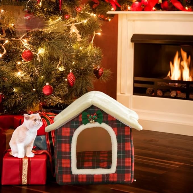 Cat Bed Cave, Cute Christmas Plaid Cat Beds for Indoor Cats, Pet House Cats Tent with Removable Cushion Pillow for Kittens Puppy Small Dogs (Plaid-M(18 * 14.6 * 15.7in))